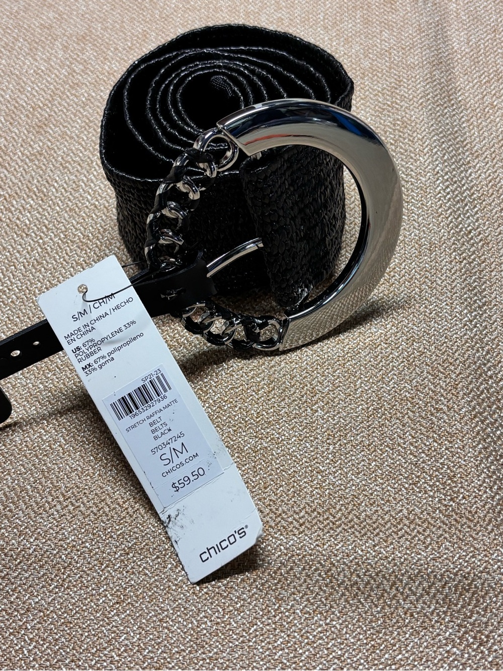 NWT Chicos Stretch Belt w Silver Buckle & Wrapped Chain Detail S/M Raffia Look